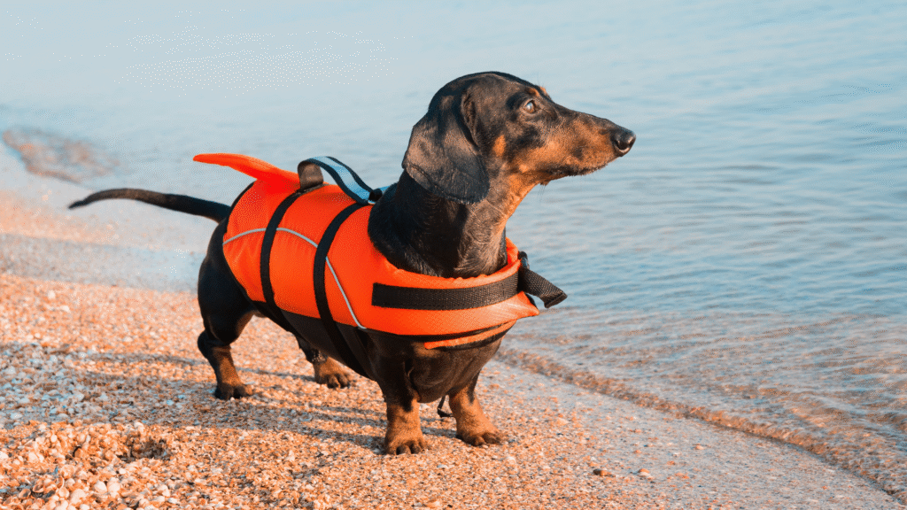 A small senior Dachshund standing by a lake in the summer wearing a cute dog lifejacket