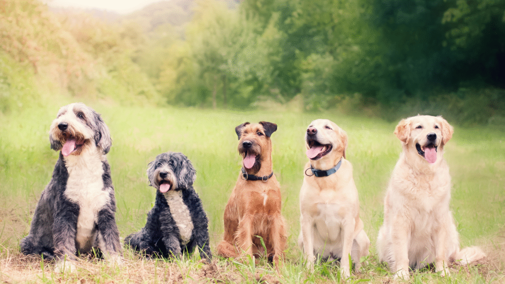 5 dog breeds sitting in the grass in a line all smiling at the camera