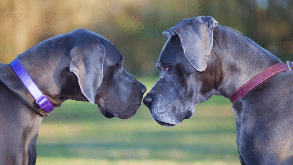 two great dane dogs standing face to face outside in a grass field