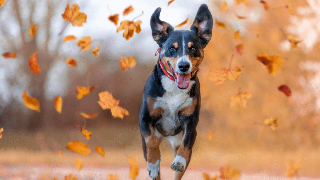 a happy medium sized dog running through orange, autumn leaves