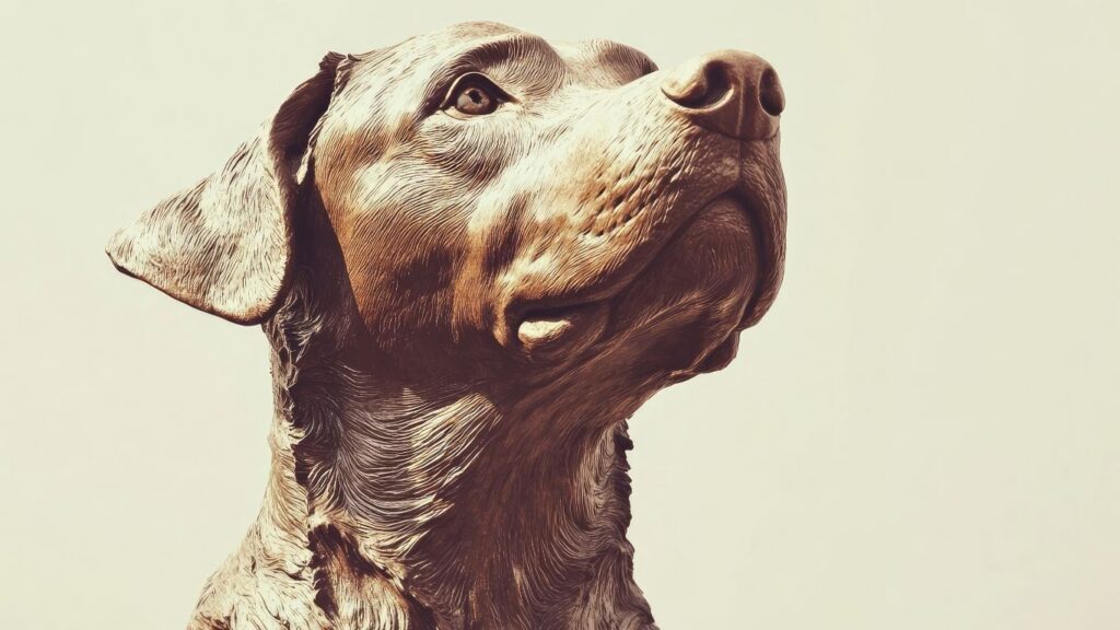 Statue of a Labrador Retriever dog looking up to the left