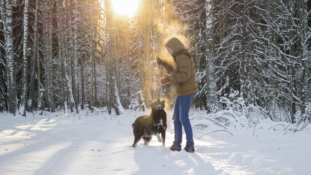 dog and owner standing in the snow playing outside