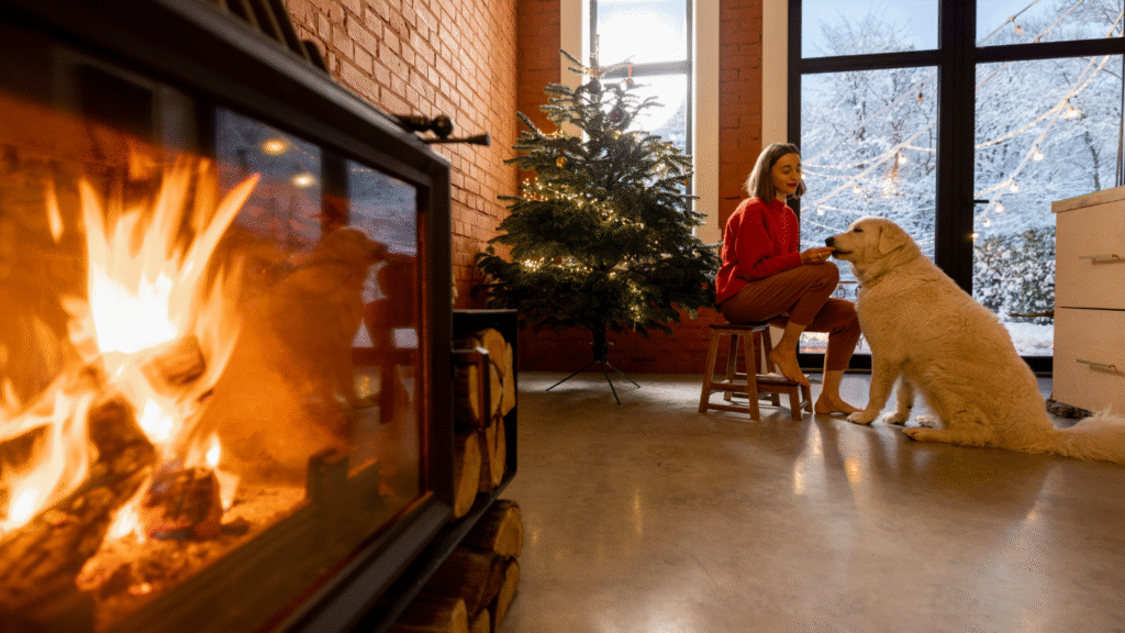 dog and owner sitting cozy in the house with a warm fireplace in the foreground